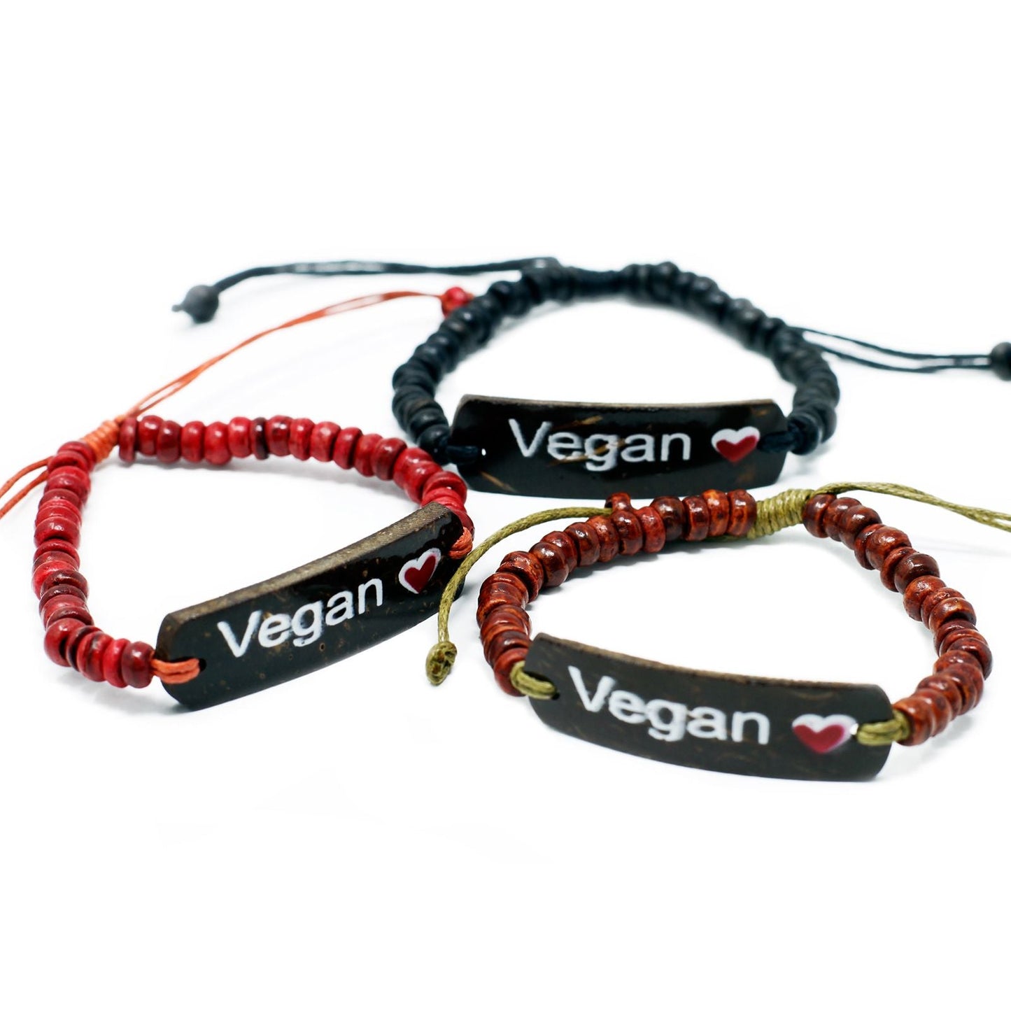 Alt Tag: Vegan Coconut Bead Stretch Bracelet – 7.5 CM coconut wood bead bracelet set with "Vegan" charm, red, black and brown colors