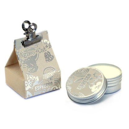 Vegan Espresso Martini Lip Balm – 12G in metal tin with lid, shown beside branded product packaging on white background