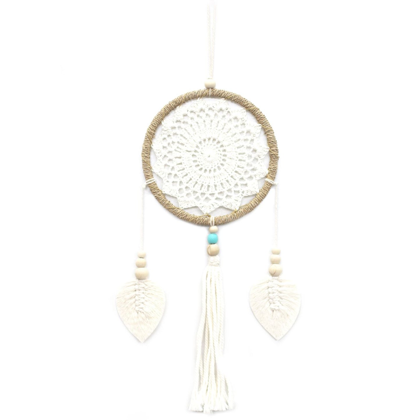 Alt Tag: Vegan Friendly Dream Catcher – Medium Elemental Spirits handgjord makramédrömfångare med vitt virkat nät, tofs och fjäderberlocker
