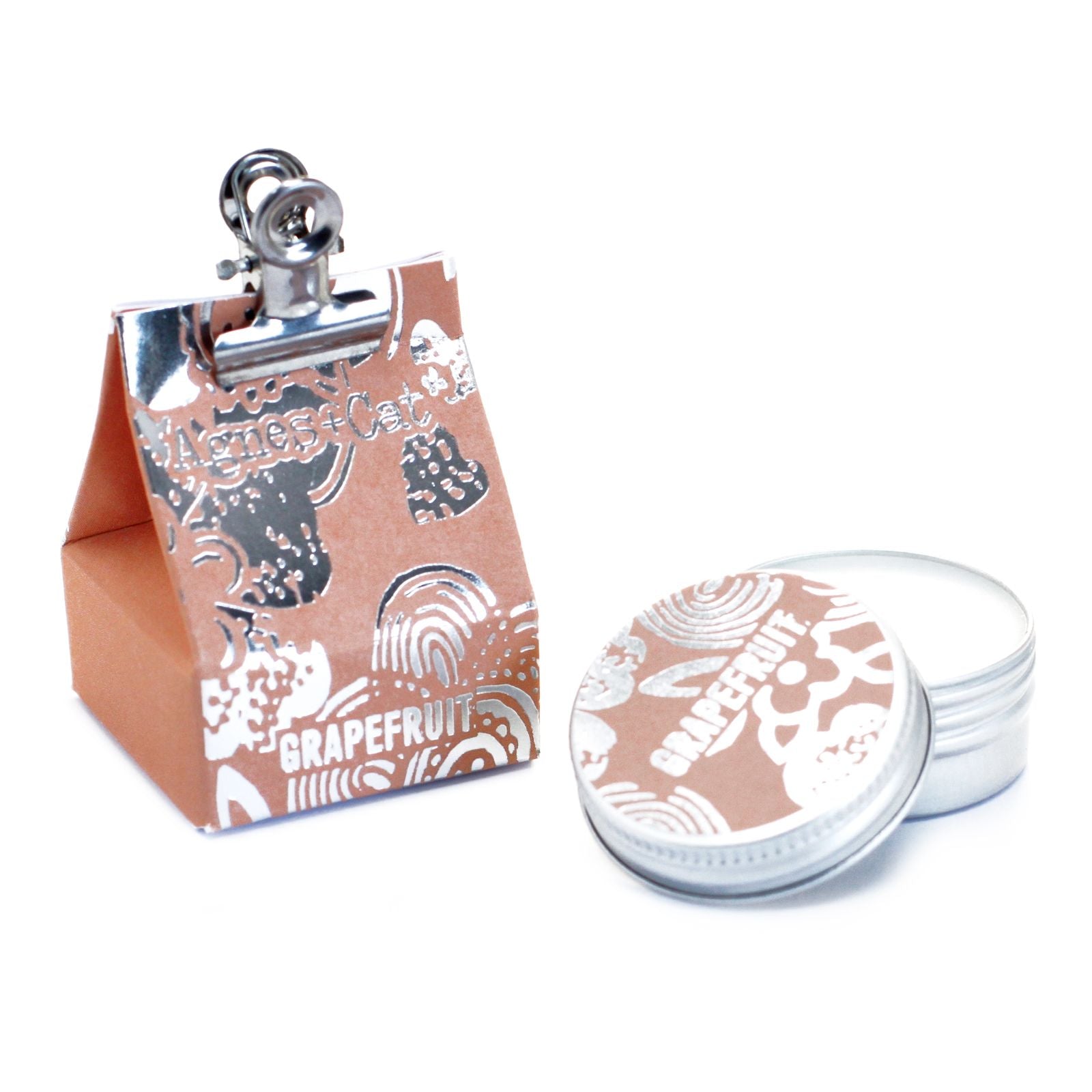 Vegan Grapefruit Lip Balm – 12G tin with grapefruit label next to branded box, citrus lip balm packaging