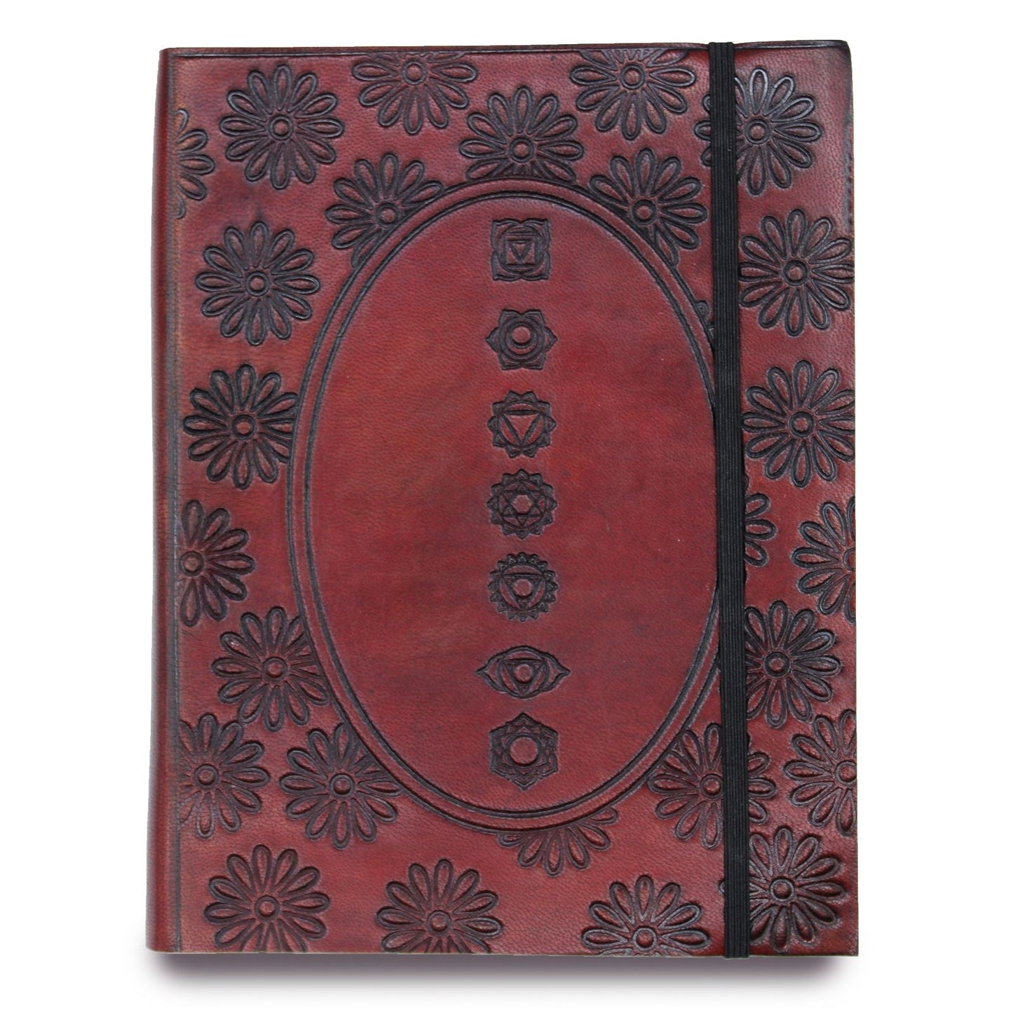 Alt-Tag: Notizbuch aus pflanzlich gegerbtem Leder – Chakra Mandala, mittelgroßes Notizbuch aus rotem indischem pflanzlich gegerbtem Leder mit geprägtem Mandala und elastischem Verschluss