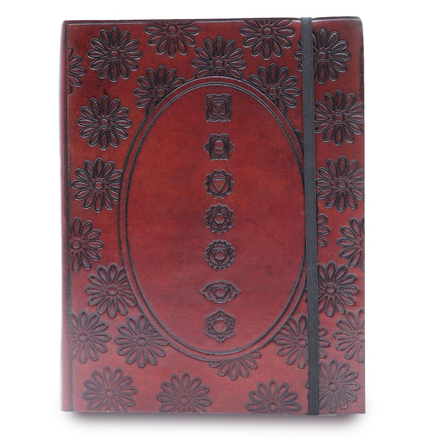 Pflanzlich gegerbtes Leder-Notizbuch – Chakra Mandala, mittelgroßes Notizbuch aus indischem pflanzlich gegerbtem Leder mit Mandala-Gravur und elastischem Verschluss