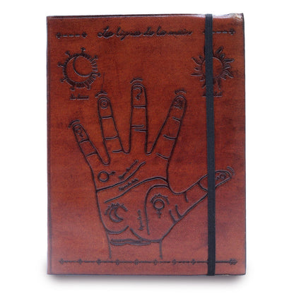Vegetable Tanned Leather Notebook – Medium Palmistry con cubierta de cuero vegetal indio grabada con mano y banda elástica