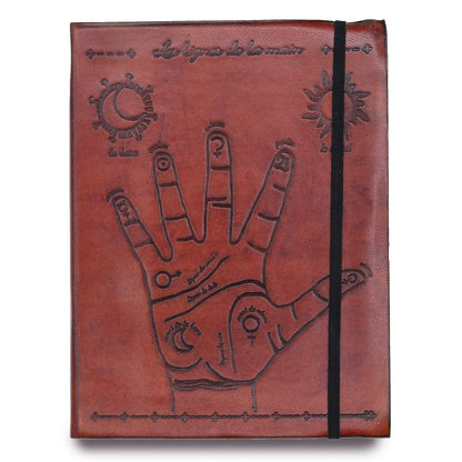 Vegetable Tanned Leather Notebook – Medium Palmistry with Indian vegetable tanned leather cover, palmistry hand design and elastic band