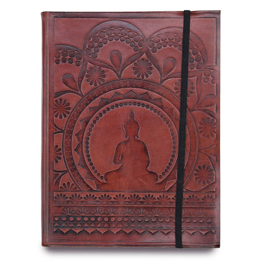 Alt Tag: Vegetable Tanned Leather Notebook – Medium, Tibetan Mandala con relieve mandala y silueta de Buda, tapa de cuero con banda elástica