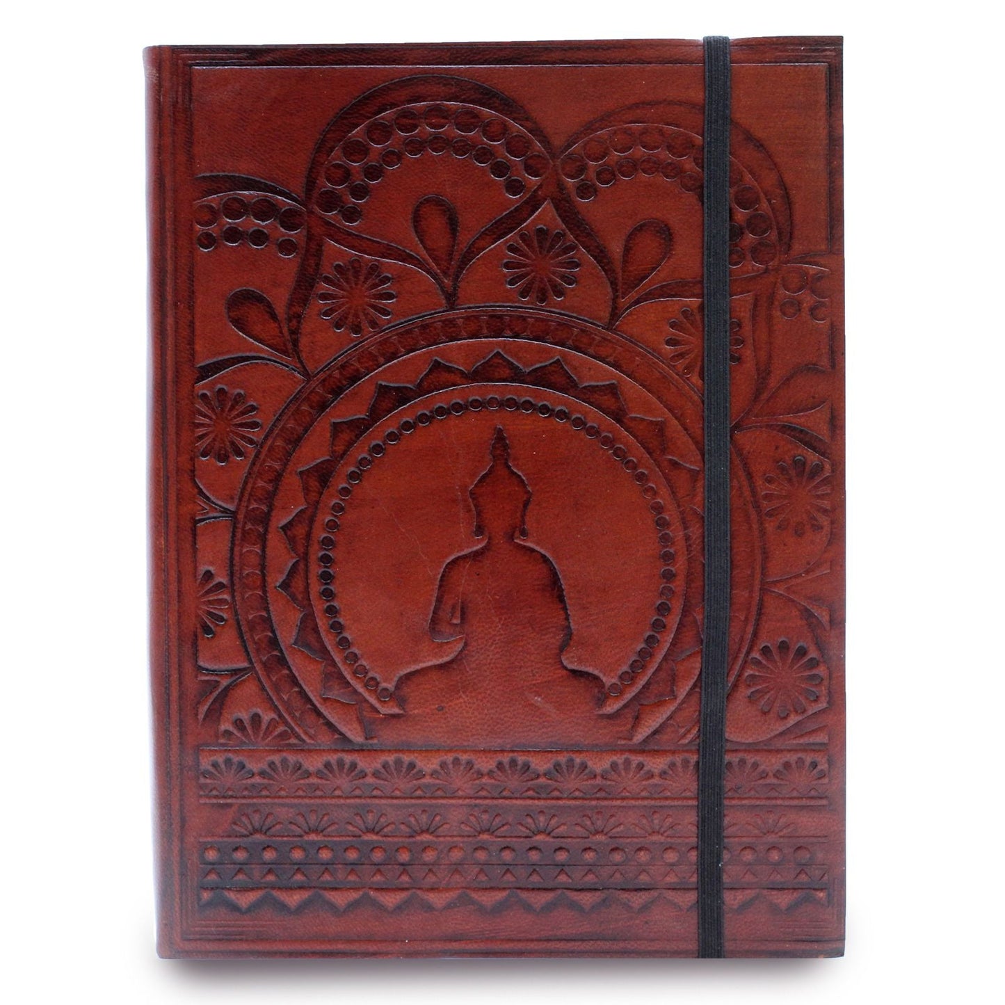 Alt Tag: Vegetable Tanned Leather Notebook – Medium, Tibetan Mandala, brown embossed leather cover journal with elastic band closure