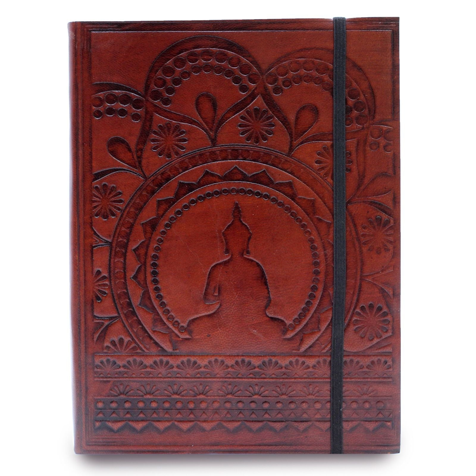 Alt Tag: Vegetable Tanned Leather Notebook – Medium, Tibetan Mandala, brown embossed leather cover journal with elastic band closure