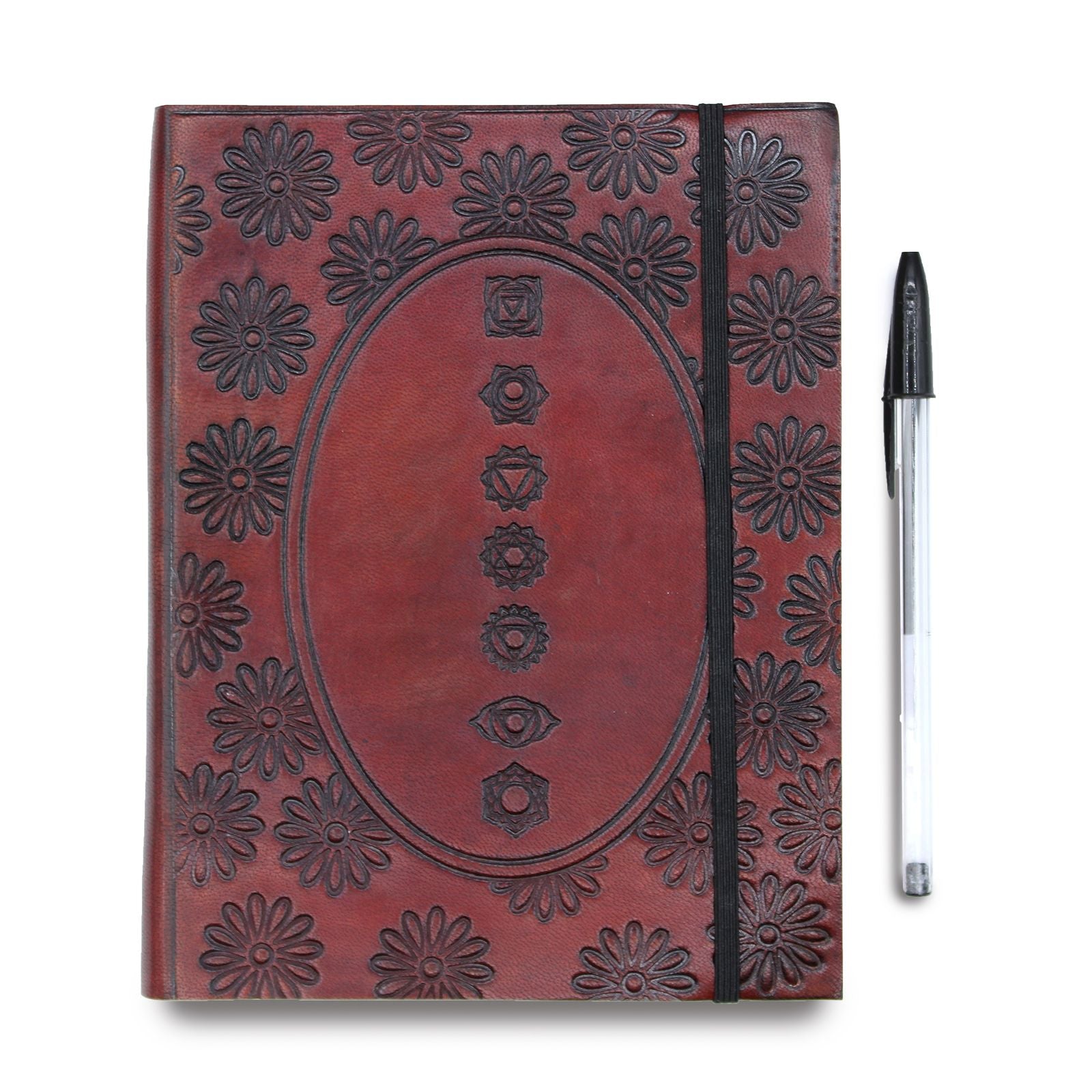Alt Tag: Vegetable Tanned Leather Notebook – Medium, Tibetan Mandala, embossed mandala leather cover notebook with elastic band and pen
