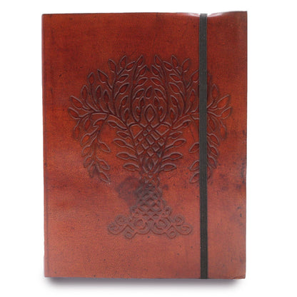 Pflanzlich gegerbtes Leder-Notizbuch – Medium Tree of Life, indisches Leder-Notizbuch mit graviertem Baum des Lebens und Elastikband