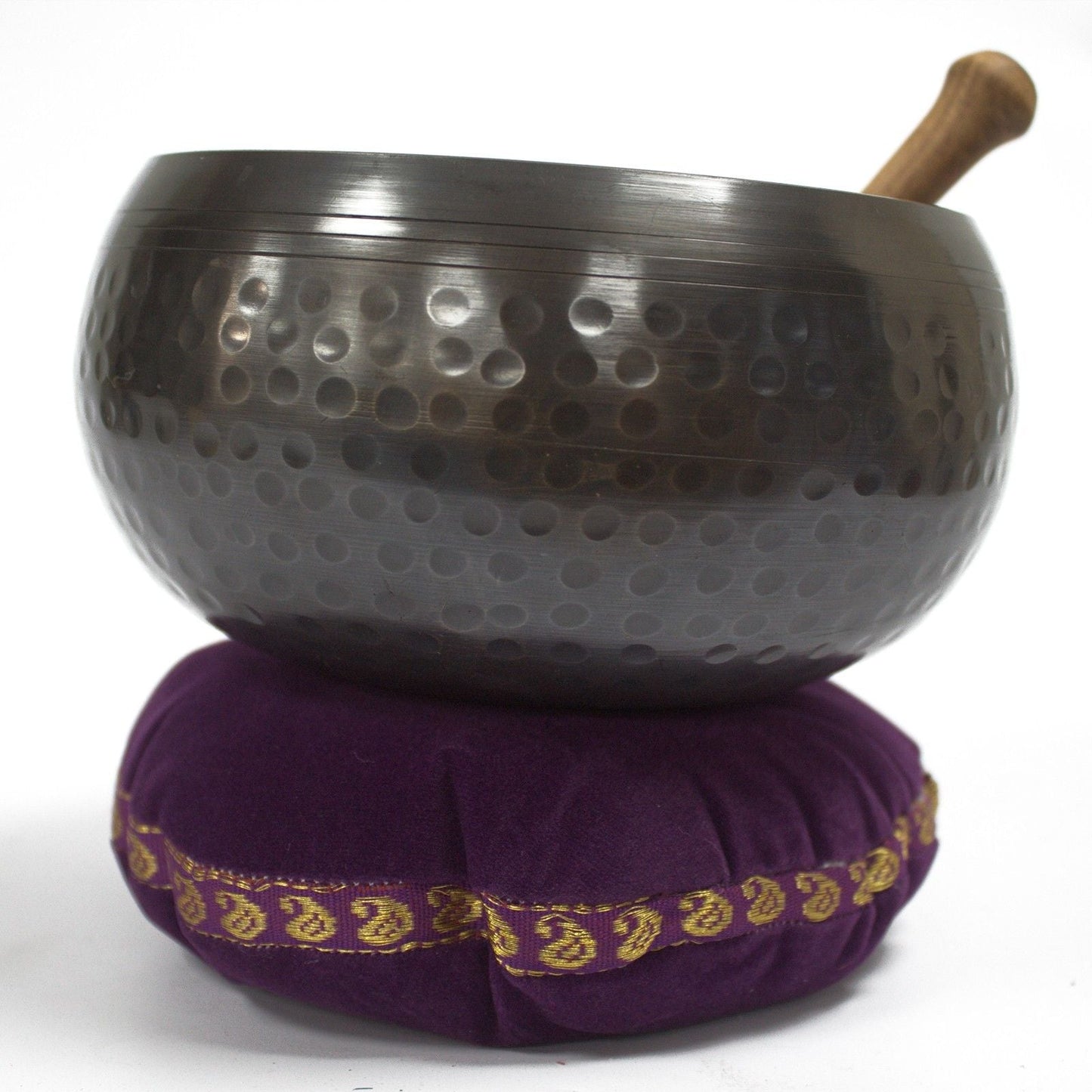 Velvet Singing Bowl Cushion – 11CM con cuenco tibetano martillado y mazo, cojín de terciopelo morado base de soporte