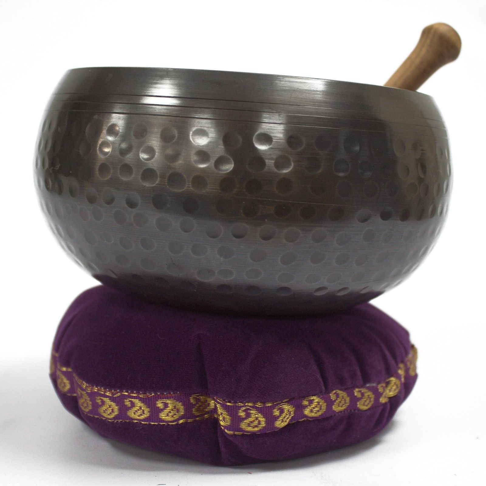 Velvet Singing Bowl Cushion – 11CM con cuenco tibetano martillado y mazo, cojín de terciopelo morado base de soporte