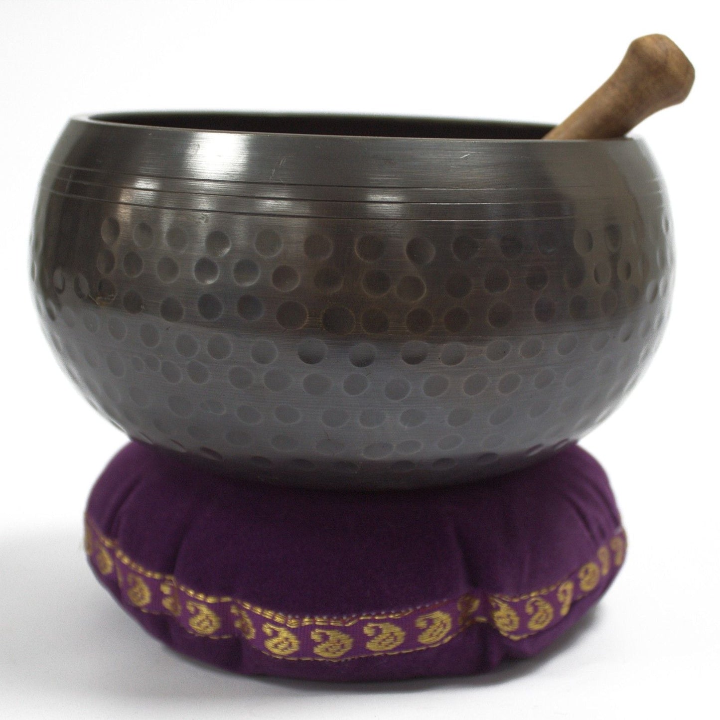 Alt Tag: Velvet Singing Bowl Cushion – 11CM purple velvet cushion with Tibetan singing bowl and mallet on top