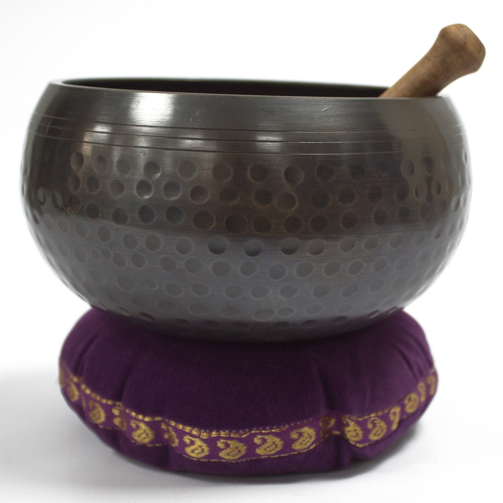 Alt Tag: Velvet Singing Bowl Cushion – 11CM purple velvet cushion with Tibetan singing bowl and mallet on top