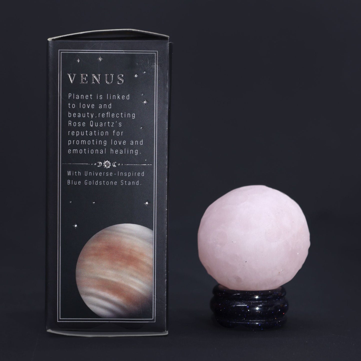 Rose Quartz Gemstone Planet – 40MM with Goldstone Stand, Venus-themed rose quartz sphere on blue goldstone stand beside product box