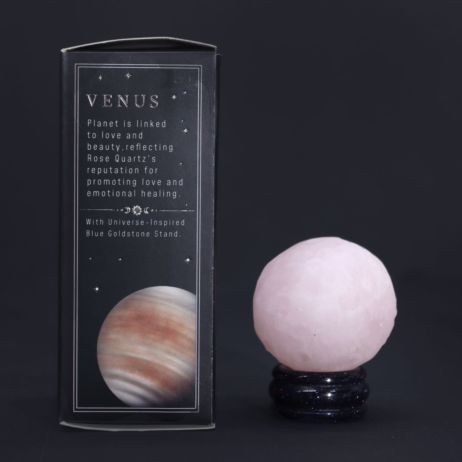 Rose Quartz Gemstone Planet – 40MM with Goldstone Stand, Venus-themed rose quartz sphere on blue goldstone stand beside product box