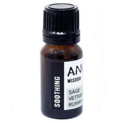 Alt-Tag: Vetiver & Sage ätherische Ölmischung – 10-ml-Bernsteinglasflasche mit schwarzem Deckel, SOOTHING-Etikett, Salbei- und Vetiver-Mischung
