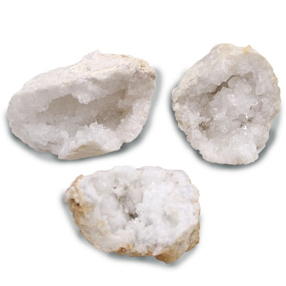 Vibrant Calcite Mineral Specimens – Approx 32 Pieces white calcite geode cluster rocks close-up on white background