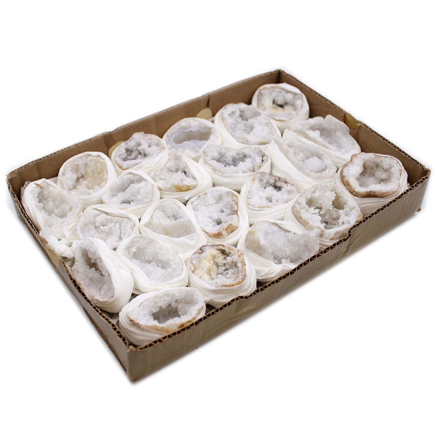 Alt Tag: Vibrant Calcite Mineral Specimens – Approx 32 Pieces assorted white calcite geode halves in cardboard tray, wholesale lot