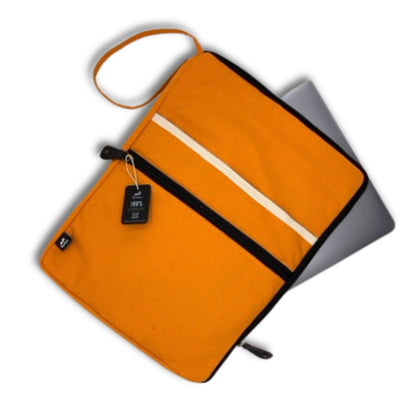 Vibrant Canvas Laptop Pouch – Orange 30x40 CM, orange canvas zip laptop sleeve with strap and white stripe