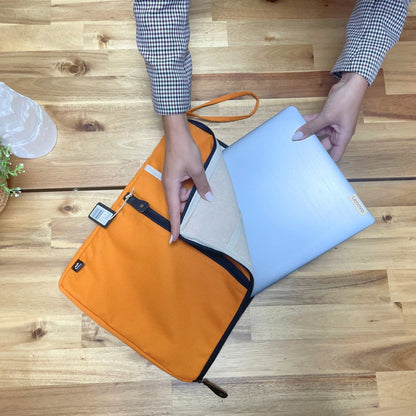 Alt Tag: Vibrant Canvas Laptop Pouch – Orange 30x40 CM, orange canvas laptop sleeve with zipper, jute cotton blend, protecting laptop