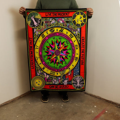 Alt Tag: Vibrant Cotton Circle of Life Art – 70x110 CM colorful cotton wall hanging with compass-style circle design and "Live the Present" border