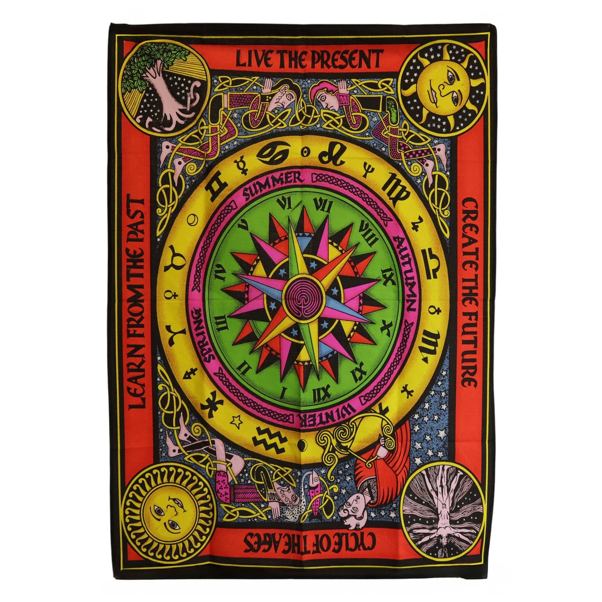 Vibrant Cotton Circle of Life Art – 70x110 CM cotton wall hanging with colorful zodiac wheel, seasons compass and "Live the Present" border