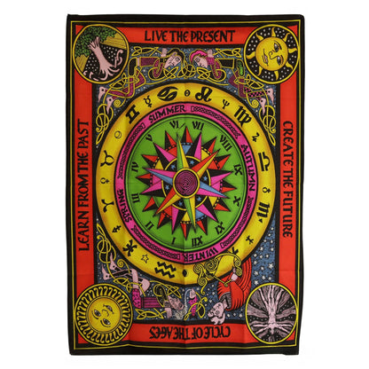 Vibrant Cotton Circle of Life Art – 70x110 CM cotton wall hanging with colorful zodiac wheel, seasons compass and "Live the Present" border