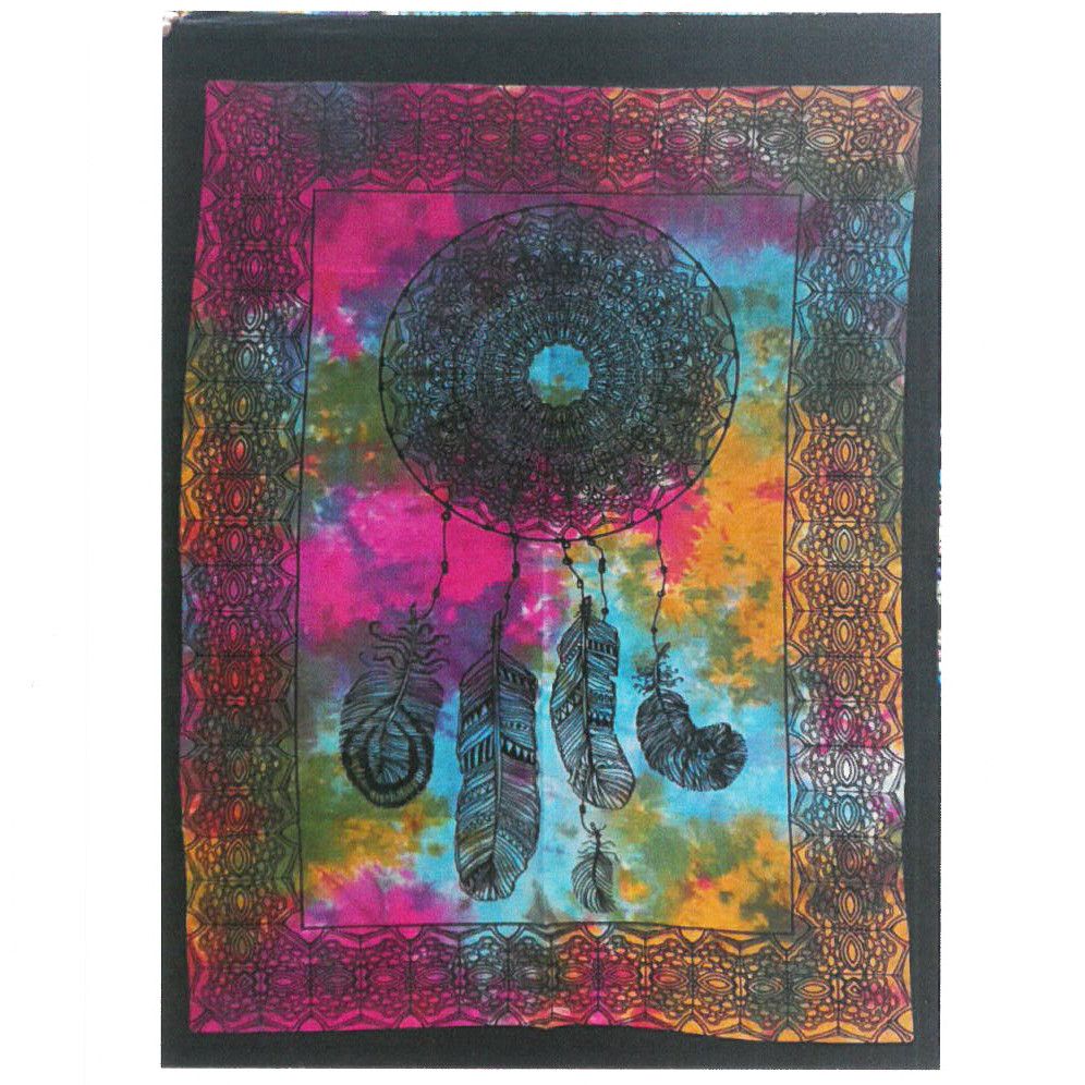 Alt Tag: Vibrant Cotton Dream Catcher Wall Art – 78x112 CM, tapiz mural multicolor con atrapasueños y plumas, algodón indio artesanal