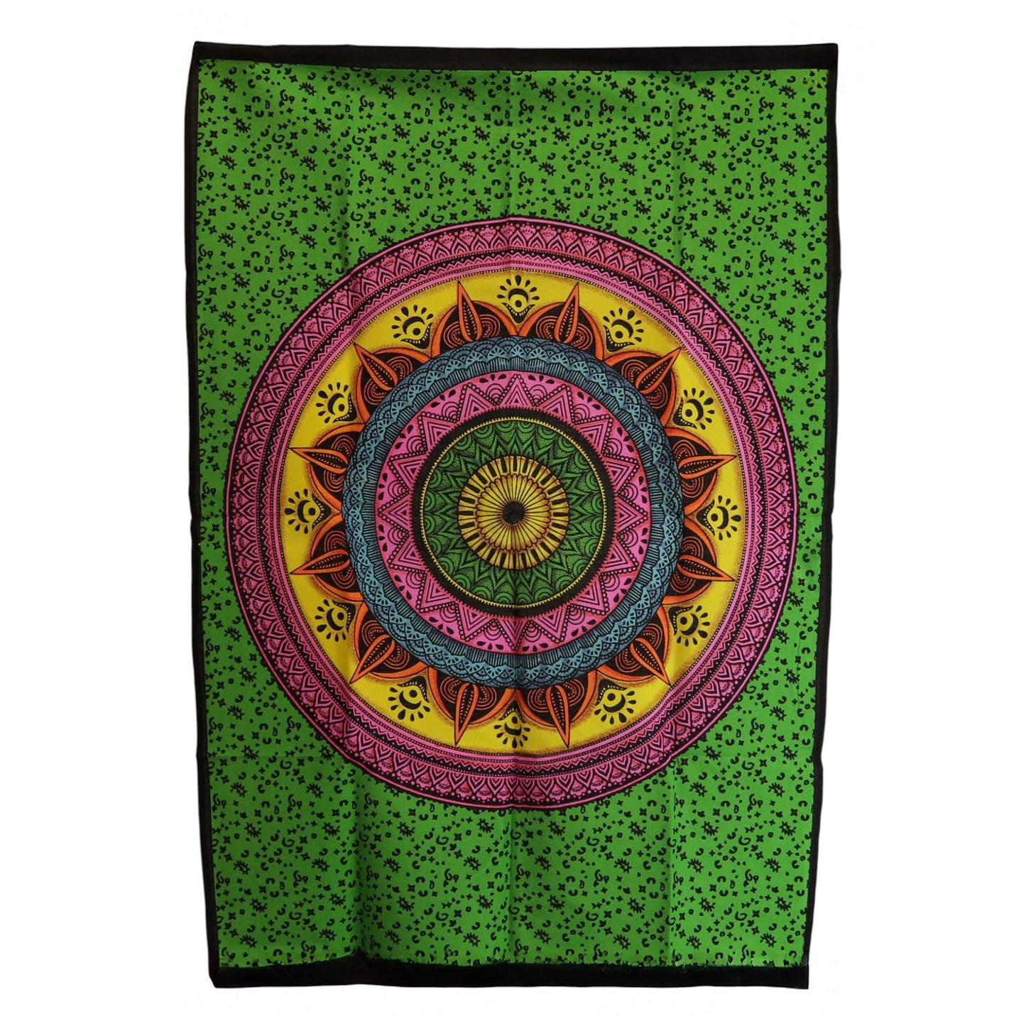 Tapiz de pared Mandala de algodón vibrante – 70x110 CM, tapiz de algodón verde con diseño de mandala multicolor en forma de rayos de sol