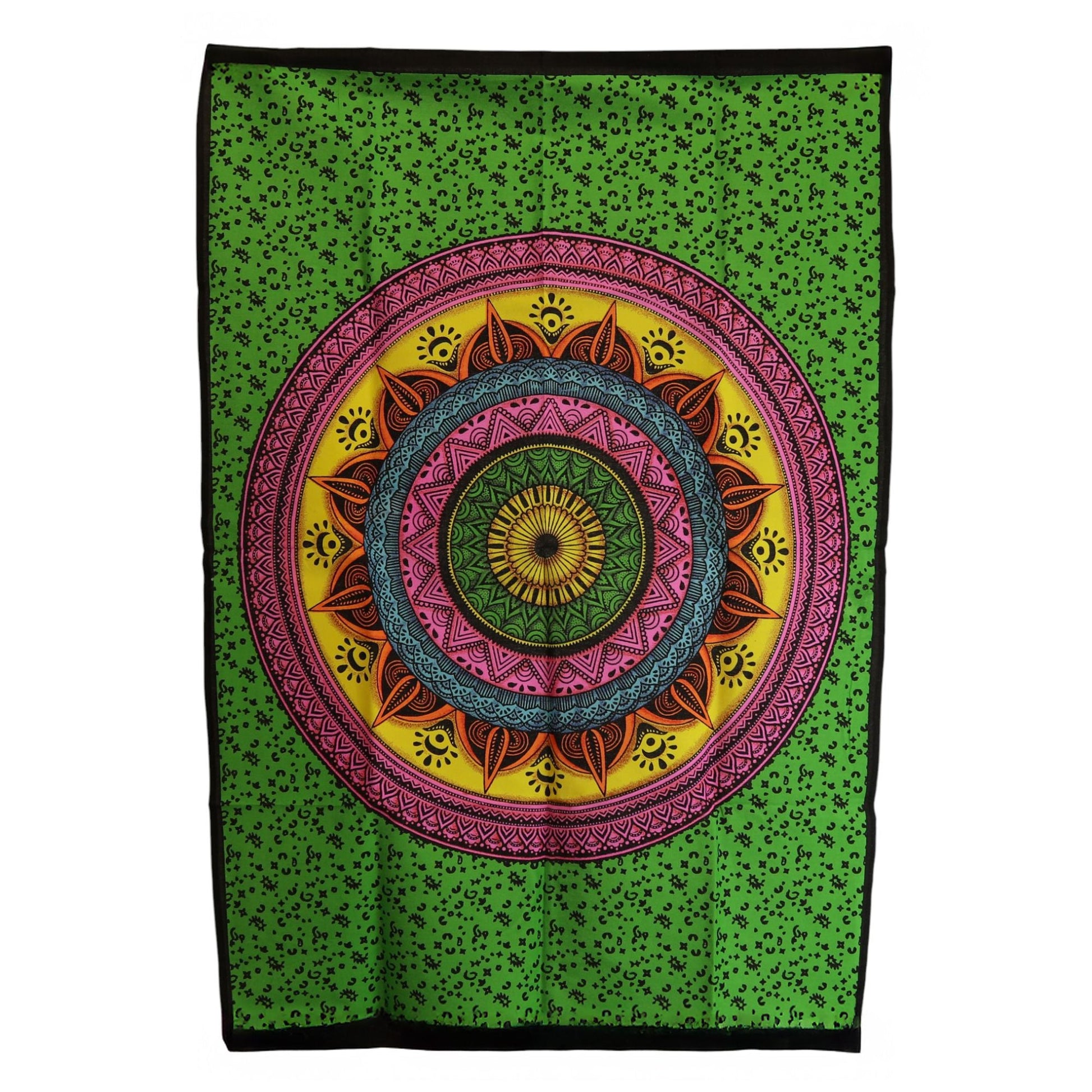 Tapiz de pared Mandala de algodón vibrante – 70x110 CM, tapiz de algodón verde con diseño de mandala multicolor en forma de rayos de sol