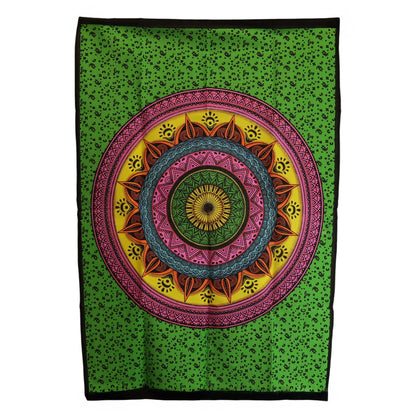 Tapiz de pared Mandala de algodón vibrante – 70x110 CM, tapiz de algodón verde con diseño de mandala multicolor en forma de rayos de sol