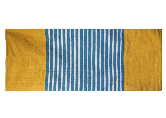 Alt Tag: Vibrant Cotton Rug – 70x174 CM yellow and blue cotton rug with blue vertical stripe center design