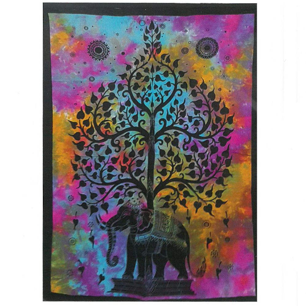 Vibrant Cotton Wall Art – Elephant Tree, 78x112CM colorful Indian tapestry featuring elephant under tree silhouette on cotton