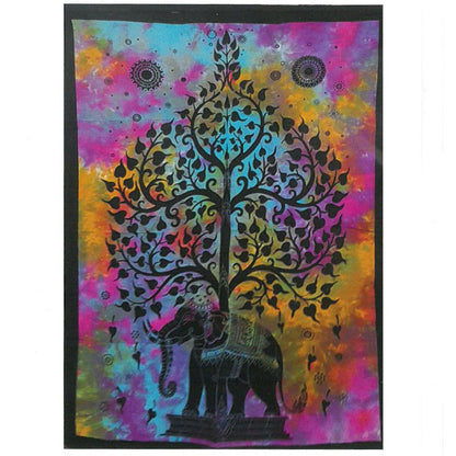 Vibrant Cotton Wall Art – Elephant Tree, 78x112CM colorful Indian tapestry featuring elephant under tree silhouette on cotton