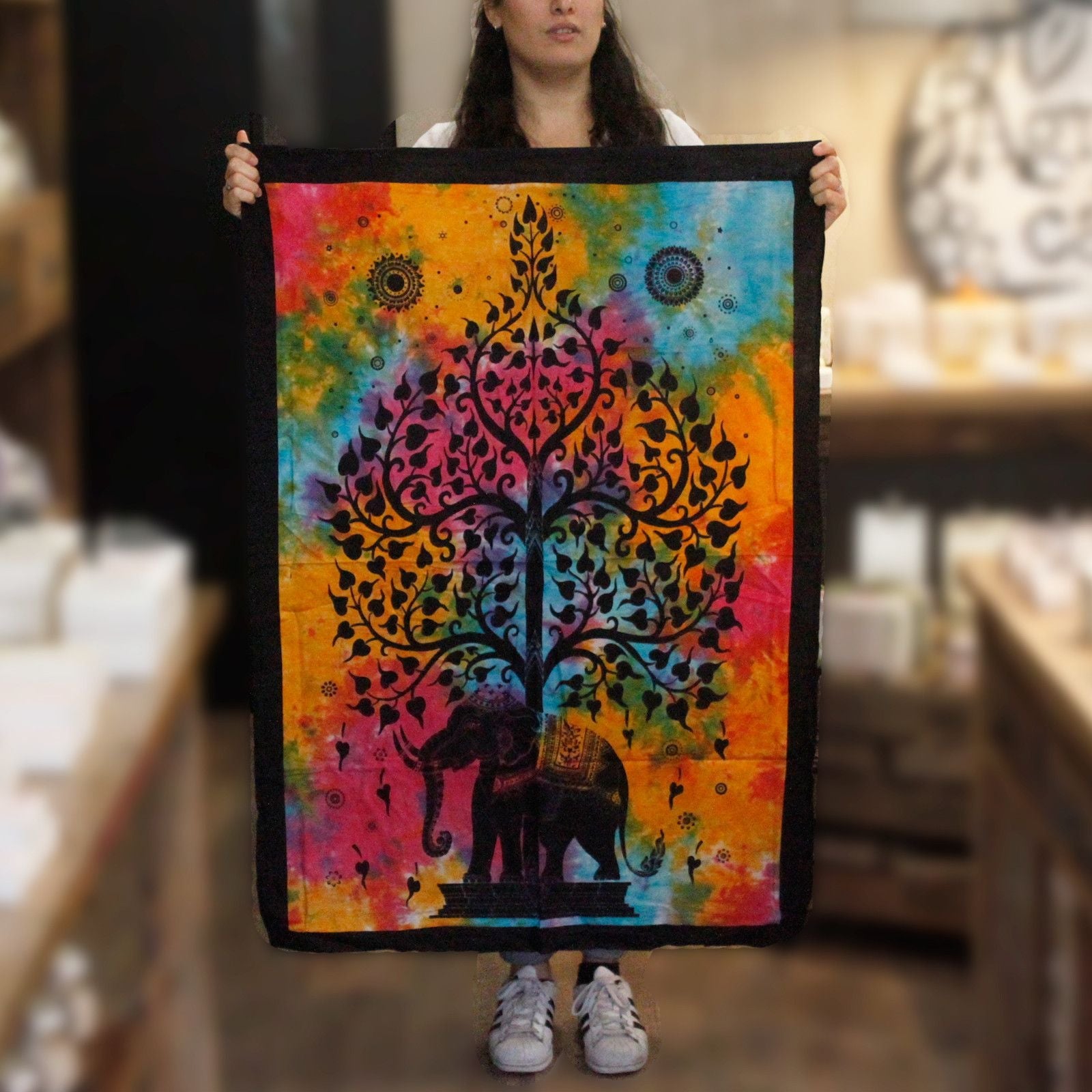 Vibrant Cotton Wall Art – Elephant Tree, 78x112CM colorful Indian-inspired elephant tree tapestry on cotton, 78x112 cm
