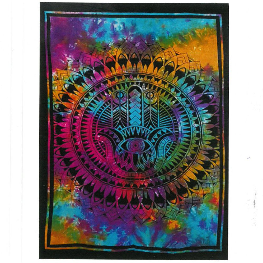 Alt Tag: Vibrant Cotton Wall Art – Hamsa Hand 78x112 CM multicolor tapestry with Hamsa hand and mandala design