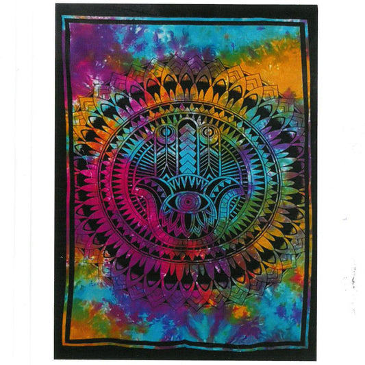 Alt Tag: Färgstark väggkonst i bomull – Hamsa Hand 78x112 CM flerfärgad väggbonad med Hamsa hand och mandalamönster