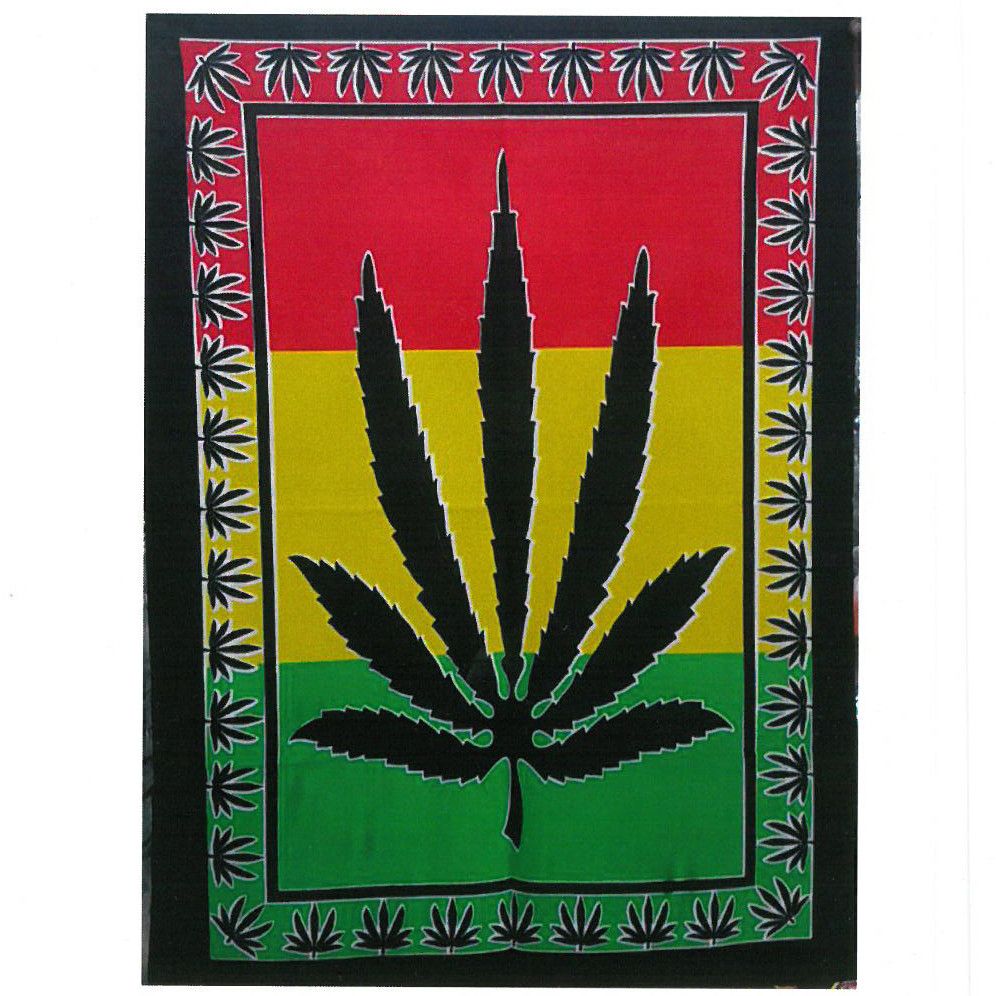 Alt-Tag: Lebendige Wandkunst aus Baumwolle – Herbal Leaf 78x112 CM, Wandteppich aus indischer Baumwolle mit kräftigem Blattmotiv in Rot, Gelb, Grün und Rand in Schwarz