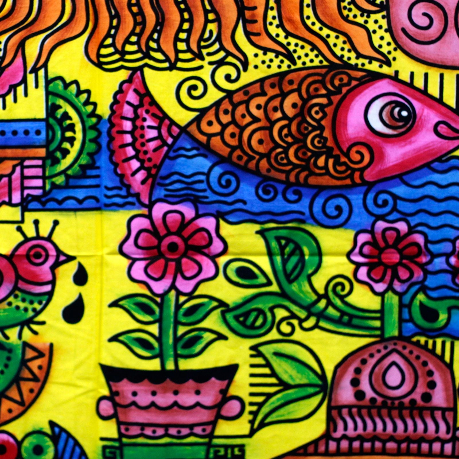 Vibrant Cotton Wall Art – Sun 115 x 75 CM, handbrushed cotton wall art with colorful sun, fish and floral Indian folk design
