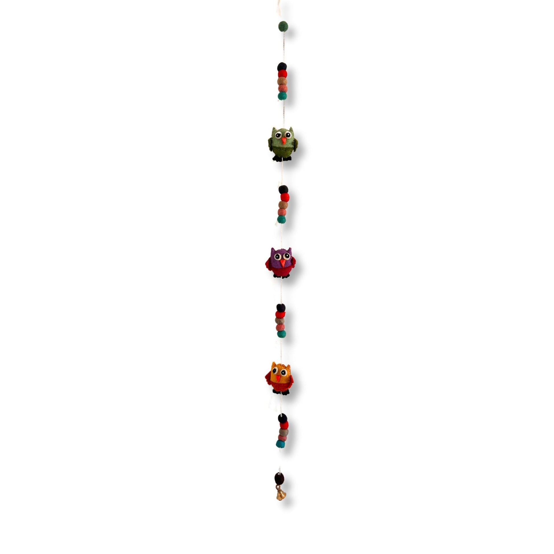 Alt Tag: Vibrant Felt Owl Wall Hanging – 110 CM, handcrafted Nepal felt owl garland with colorful bead accents for nursery or kids room decor