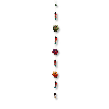 Alt Tag: Vibrant Felt Owl Wall Hanging – 110 CM, handcrafted Nepal felt owl garland with colorful bead accents for nursery or kids room decor