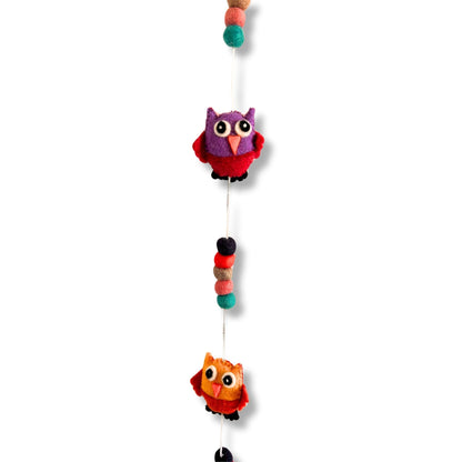 Alt Tag: Vibrant Felt Owl Wall Hanging – 110 CM, colorful handcrafted Nepal felt owl garland with two owls and pom-poms