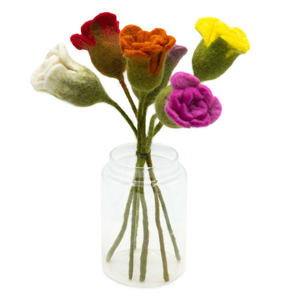 Vibrant Felt Roses – Set of 6 Assorted Colors in glass jar, handcrafted felt flowers in mixed bright shades