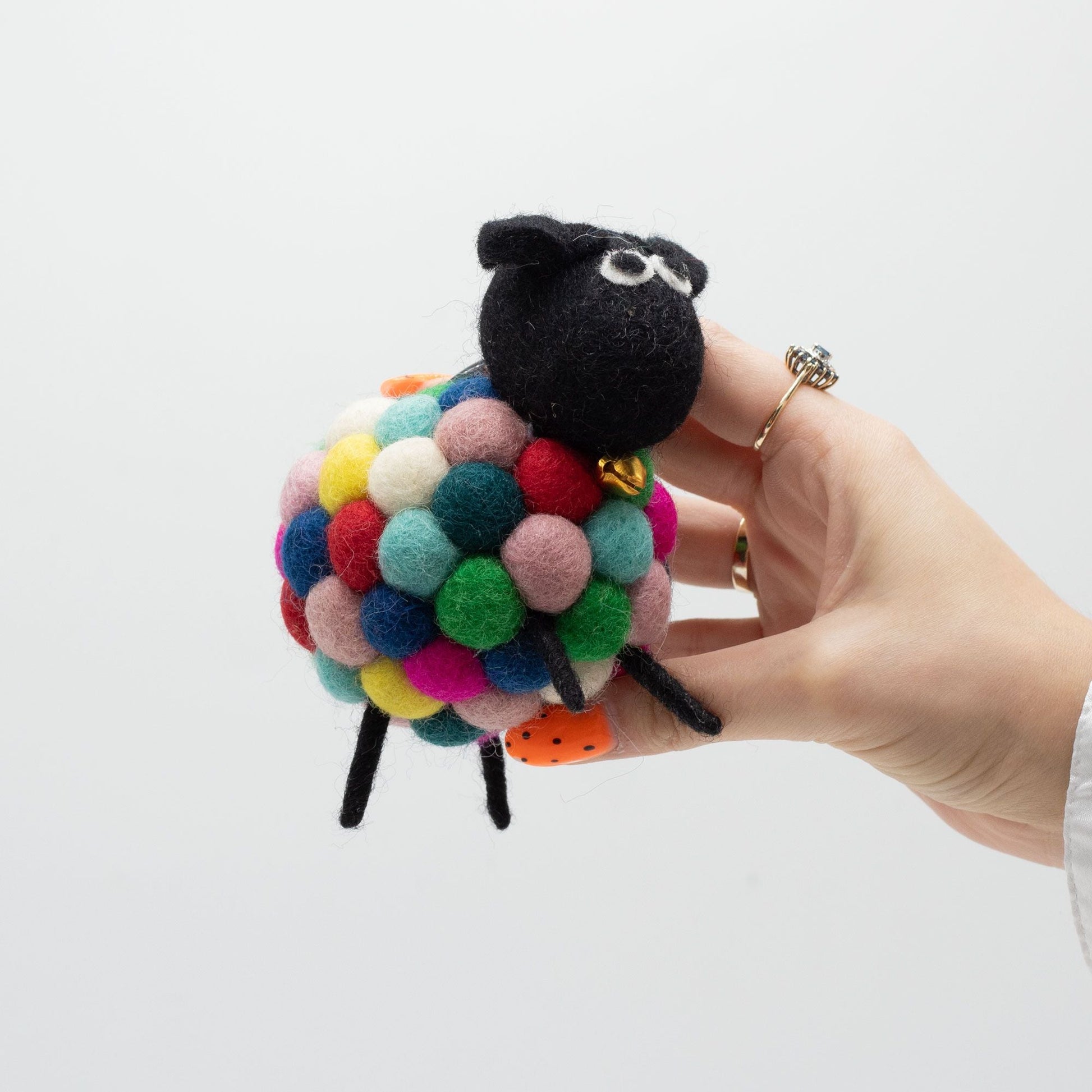 Vibrant Felt Sheep – Multi Colours, 12x8x10 CM handmade felt sheep decor with multicolor wool balls, held in hand