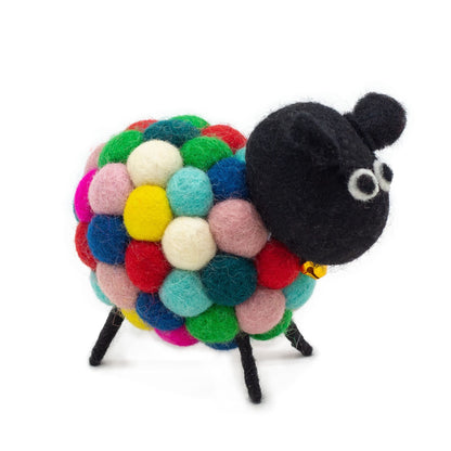 Vibrant Felt Sheep – Multi Colours, 12x8x10 CM handmade felt sheep decor with multicolor wool balls and black head