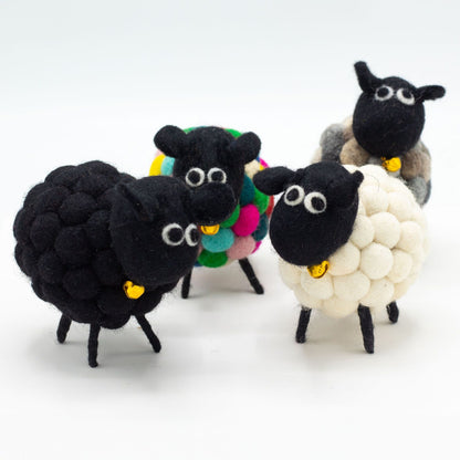 Alt Tag: Vibrant Felt Sheep – Multi Colours, 12x8x10 CM handmade felt sheep decor set in black, white and multicolour on white background
