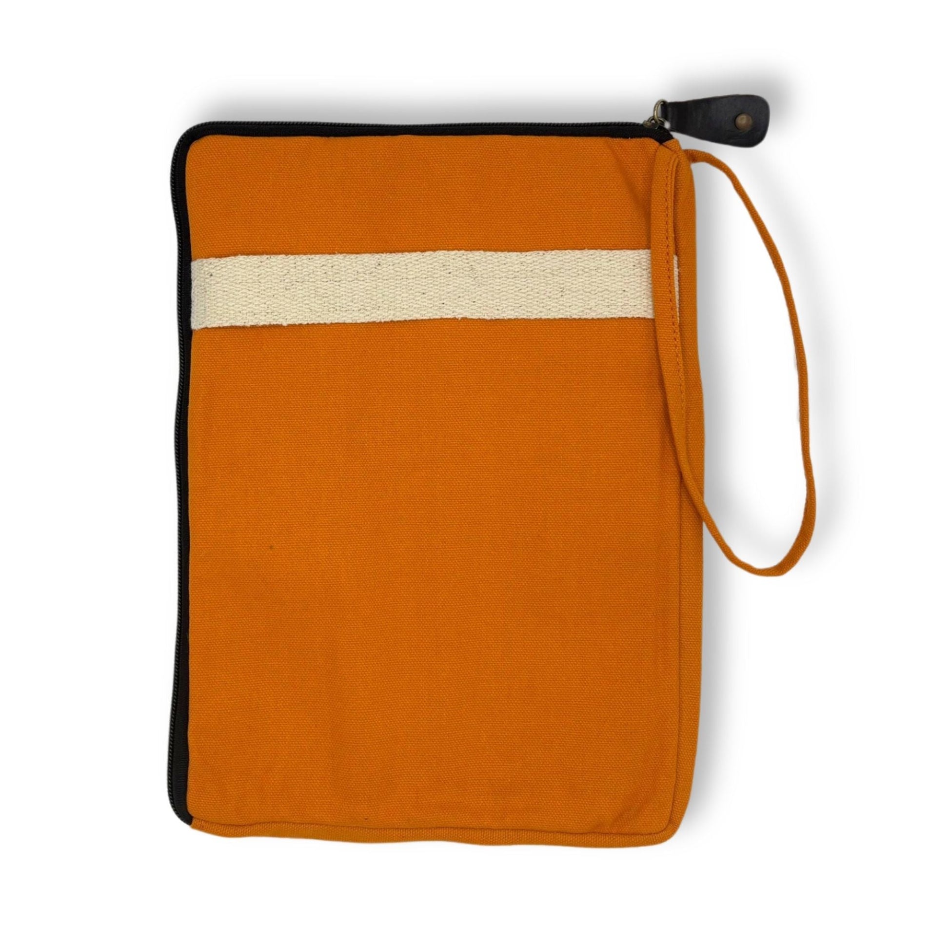 Vibrant Canvas Laptop Pouch – Orange 30x40 CM orange canvas laptop pouch with zipper, wrist strap and jute-cotton stripe