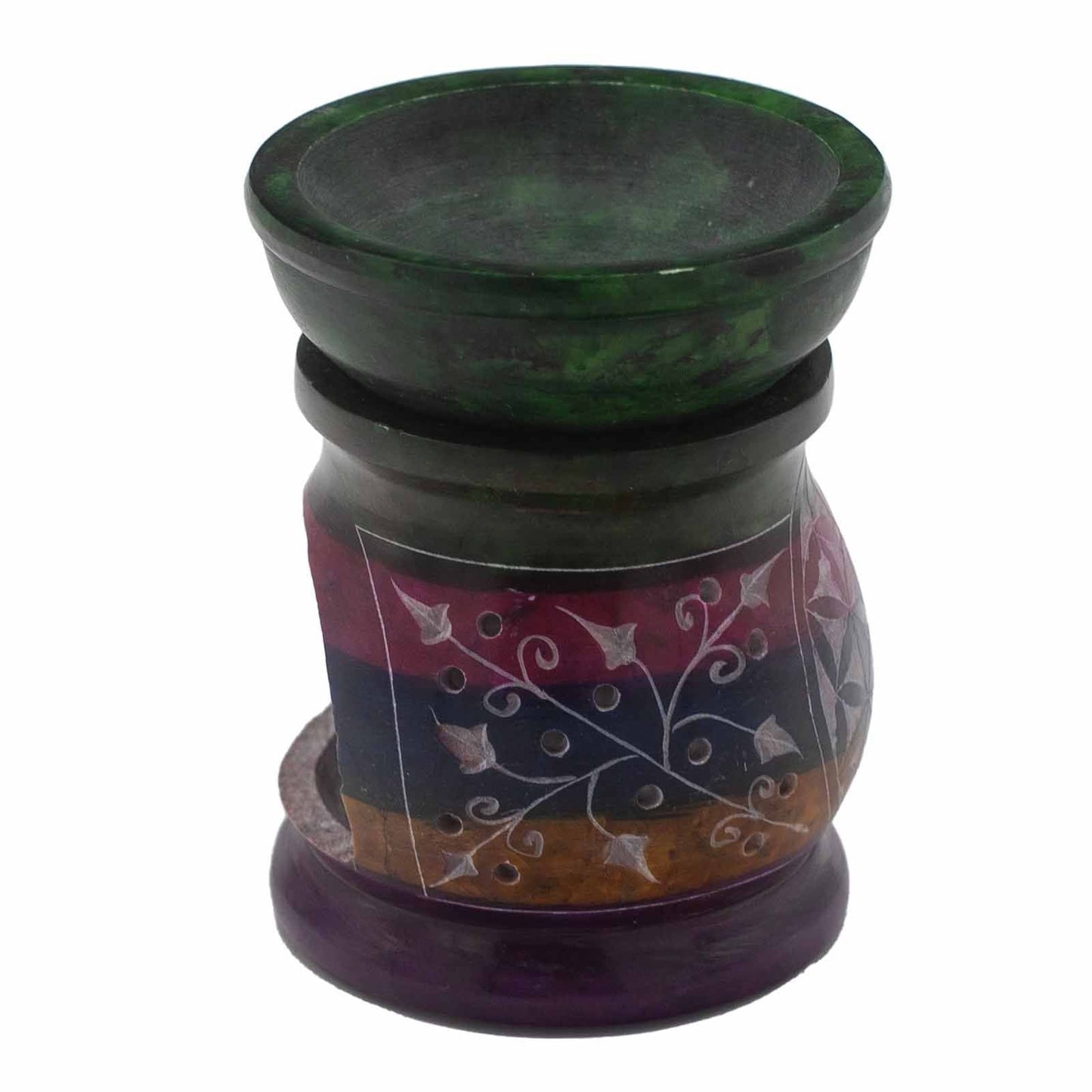 Alt Tag: Vibrant Soapstone Oil Burner – Flower of Life 10CM, multicolor soapstone oil burner with floral vine design, 10 cm
