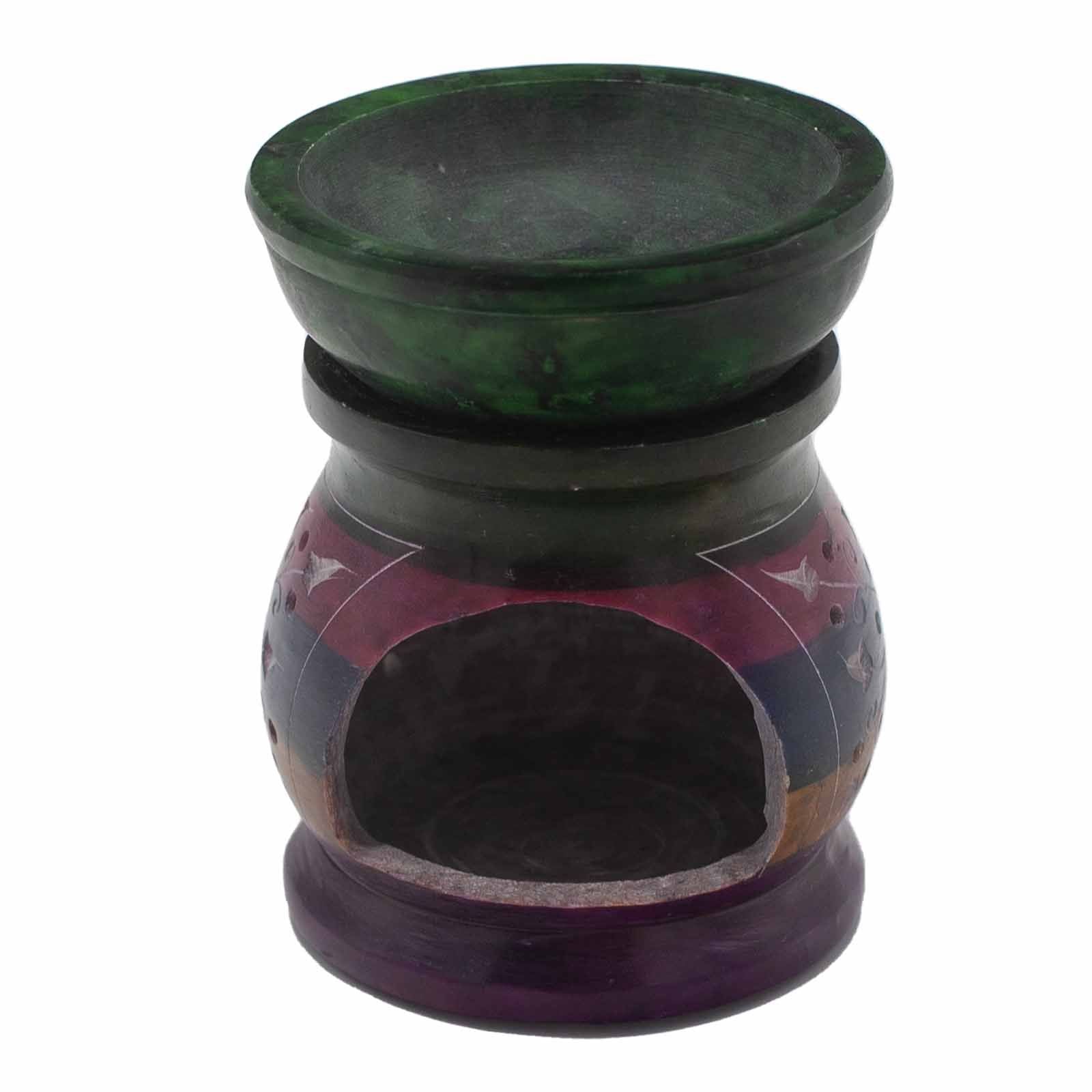 Alt Tag: Vibrant Soapstone Oil Burner – Flower of Life 10CM multicolor soapstone oil burner with bowl top and tealight opening