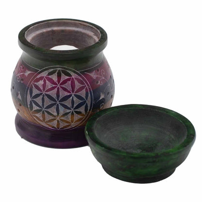Vibrant Soapstone Oil Burner – Flower of Life 10CM multicolor soapstone burner with lid, engraved Flower of Life pattern